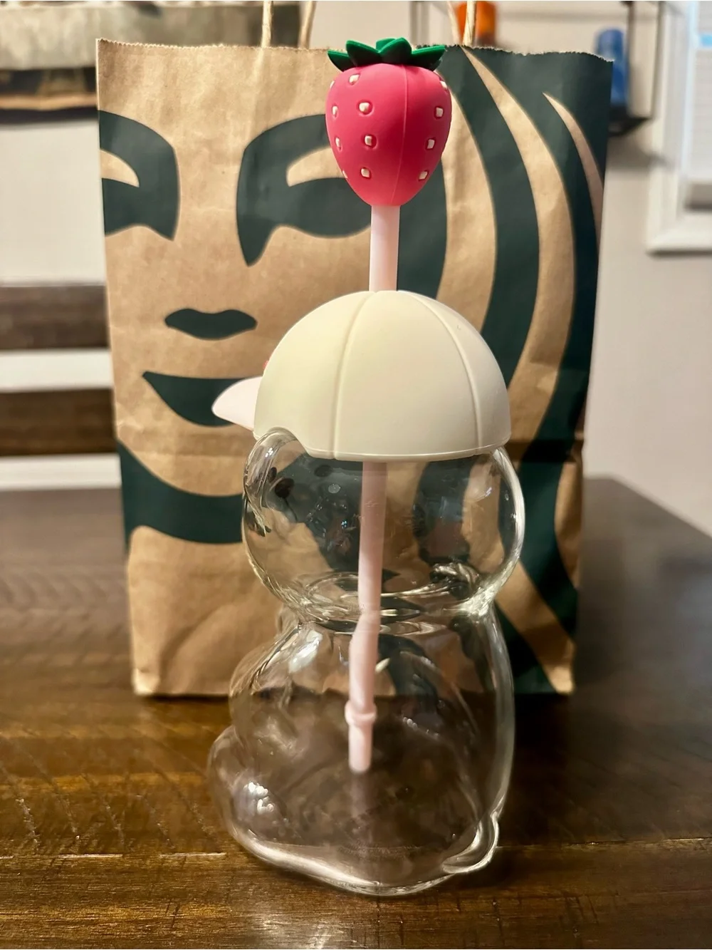 Starbucks Clear Bear Straw Cup with Pink Hat and Strawberry Topper